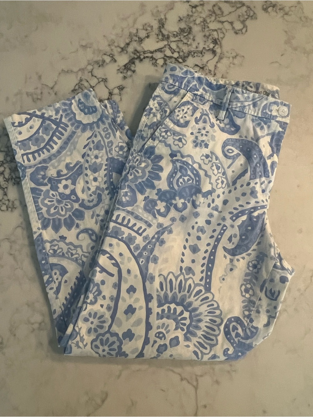 Talbots Relaxed Chino Pants Womens 12 Blue White Paisley Floral Cotton Stretch